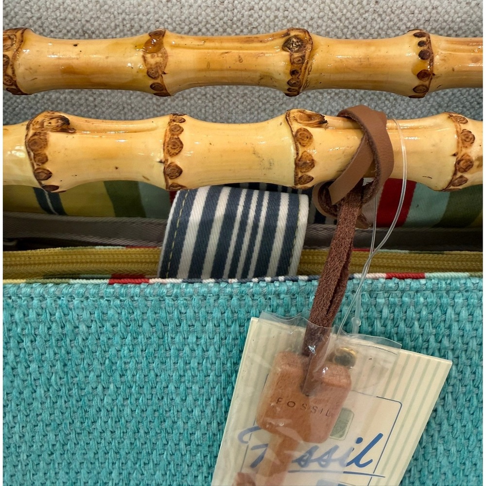 Fossil Straw Bamboo Handle Crossbody Bag Turquoise Blue Woven Summer Handbag NEW - Picture 4 of 12